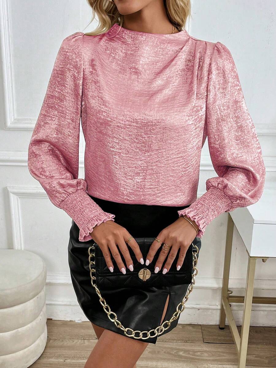 SHEIN Clasi Women's Elegant Stand Collar Puff Sleeve Ruffled Detail Blouse, Spring Autumn For New Year Holiday Party Clothes Fall Cloth For Women