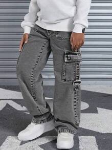 SHEIN 大童弹力腰复古街头时尚多口袋侧面 D 形环装饰黑色牛仔工装裤 - 黑色 - 查看 8