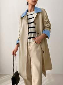EastFlair Korean Fashion Women Casual Color Block Pocket Design Trench Coat