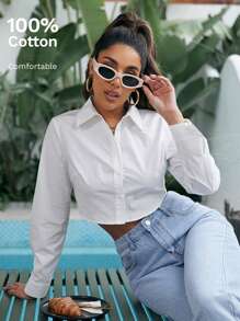 SHEIN EZwear Casual All-Match Solid Curved Hem Crop Shirt,Long Sleeve Tops