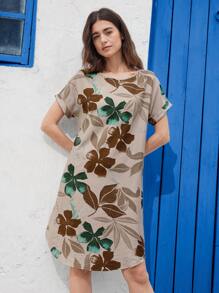 EMERY ROSE Lightweight Floral Print Short Sleeve Midi Casual Dress For Women, Light Color, Suitable For Everyday Wear, Vacation - Multicolor - View 5