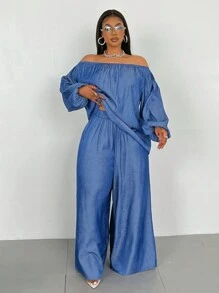 Maweii Women Plus Size Solid Color Off Shoulder Lantern Sleeve Shirt & Wide Leg Pants 2 Pieces Casual Set Fall Cloth For Women