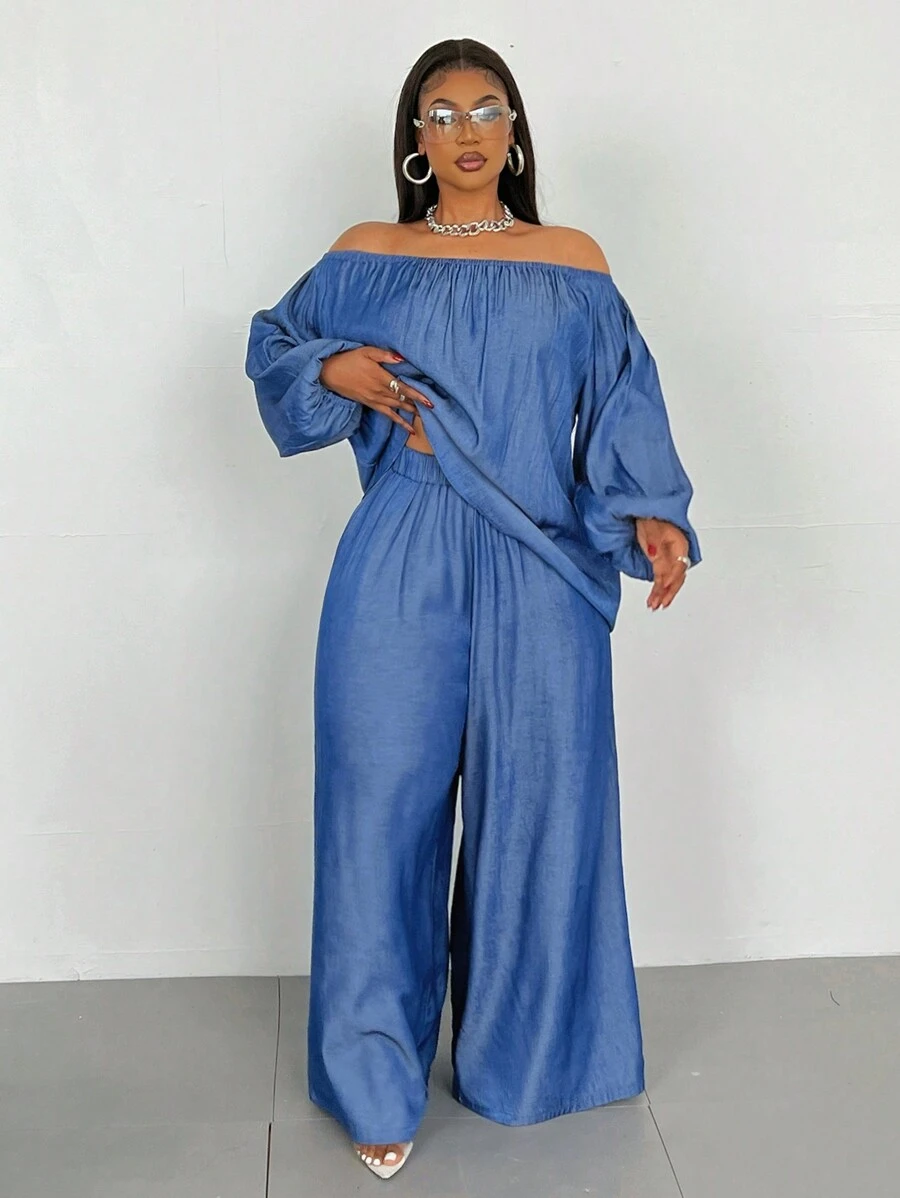 Maweii Women Plus Size Solid Color Off Shoulder Lantern Sleeve Shirt & Wide Leg Pants 2 Pieces Casual Set Fall Cloth For Women