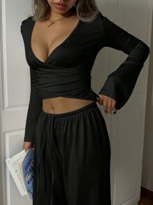 SHEIN EZwear 女士高领系带长袖上衣和裤子瑜伽休闲运动套装 - 黑色 - 查看 5