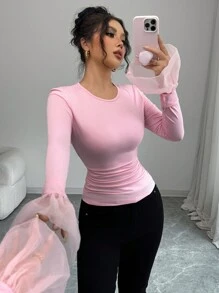 Selianne Áo thun cổ tròn tay bồng lưới thoải mái cho nữ khi đi làm - Hồng - Xem 3