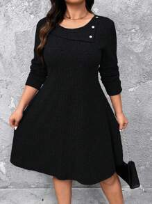 SHEIN LUNE Plus Size Solid Color Round Neck Long Sleeve Button Casual Short Dress - Black - View 3
