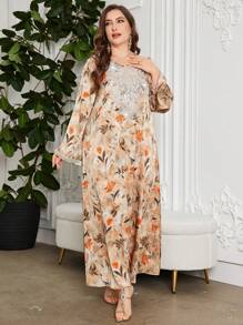 SHEIN Najma CURVE 全新优雅长袖印花珍珠刺绣奢华女士长袍 - 杏色 - 查看 4