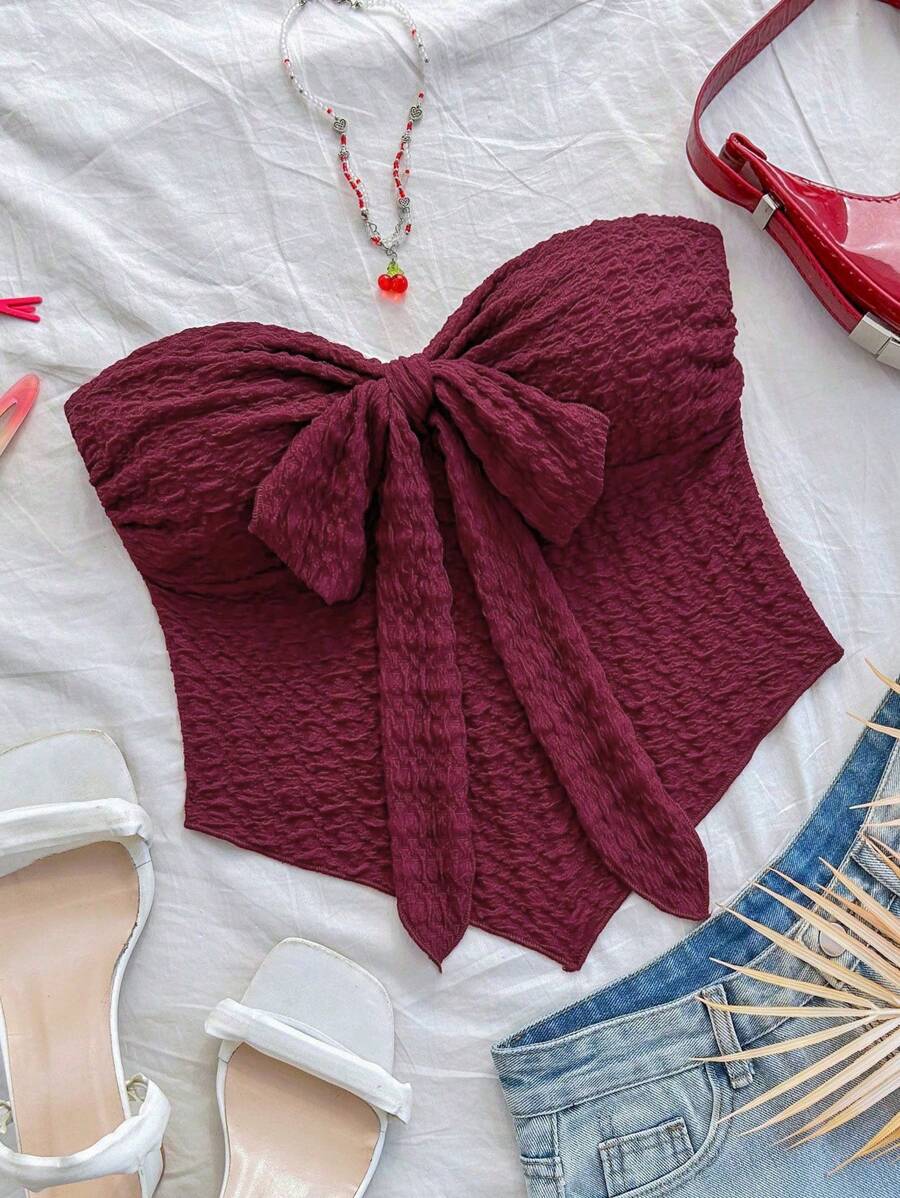 Soleia Casual Tie-Up Asymmetrical Fitted Bustier Top - Burgundy - View 1