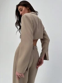 Aloruh Women Plain Color Notched Collar Long Sleeve Cropped Jacket And Pants Suit Set - Khaki - View 5