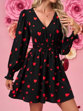 SHEIN Clasi Damen Valentinstag Herz Muster Taillen Schleife Lässig Kurzes Kleid