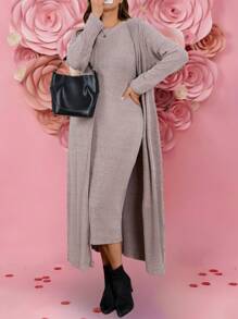 SHEIN LUNE 大码女式纯色长袖罗纹长开衫和圆领无袖连衣裙优雅套装，秋冬羊毛感恩节套装女士新年女装浪漫休闲情人节女装生日女士连衣裙 - 粉色 - 查看 3