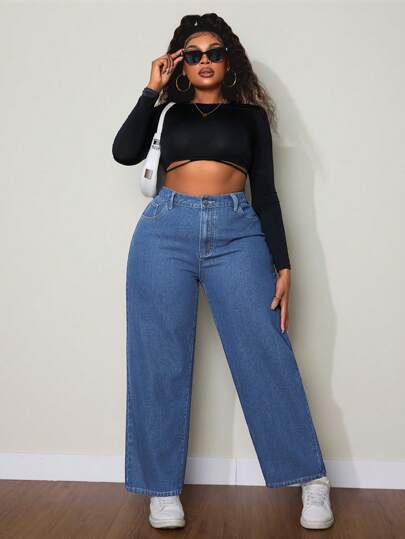 SHEIN EZwear Plus Size Women's Pocketed Wide Leg Loose Casual Versatile Denim Jeans