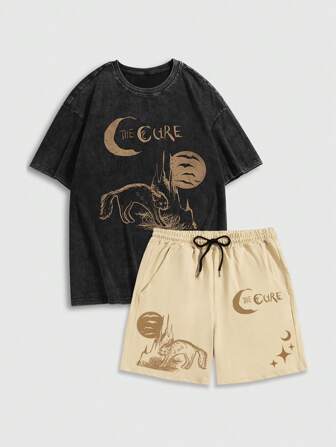 Goth Conjunto de camiseta casual de manga corta con estampado de letra y luna, y shorts con cordón para la cintura para hombres