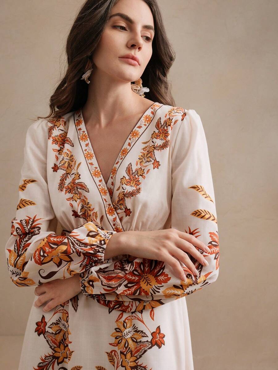 Anewsta Women V-Neck Ditsy Floral Cinched Waist Dress, Boho Floral Dress, Spring Outfits For Women - Apricot - View 1