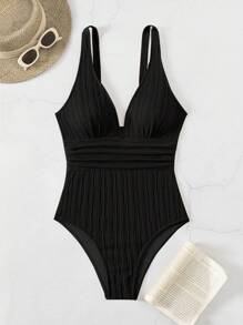 Swim Basics Summer Women's Solid Color Sleeveless V-Neck Slim Fit One Piece Swimsuit