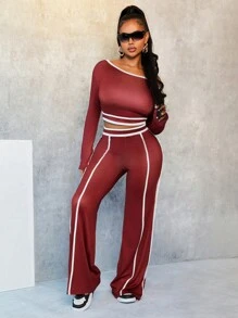BamGleam 2pcs Women Set: Contrast Trim Asymmetric Neck Long Sleeve Top And Pants - Red - View 1