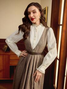 Vintamour Vintage Elegant Women's Dress, Autumn/Winter Fitted Lace Trim Stand Collar Ruffle Hem 2 In 1 Colorblock Long Sleeve A-Line Dress Valentines Birthday Dresses For Women Dresses For Women Elegant Birthday Outfits For Women Business Casual Woman Old Money Style Women Teacher Clothes Modest Dresses For Women Tea Party Outfit Spring Date Night Dress Women
