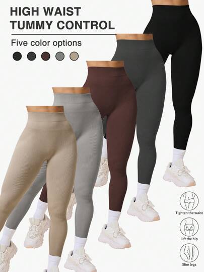 Easithlete 5 piezas Leggings sin costuras de cintura alta de unicolor minimalista para mujer, pantalones de yoga