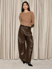 AiiRZ Ribbed Square Neck Long Sleeve Crop Top Fall Winter Essential Basic Layering Piece Ruched Side Detail Form-Fitting Casual Fashion Top - Khaki - View 3