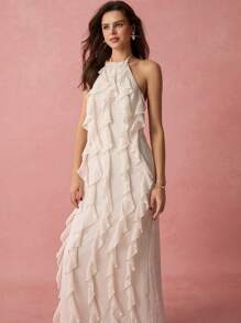 Enchnt Spring/Summer Romantic Women's Vacation Apricot Sleeveless&Backless Ruffled Maxi Dress,Sweet&Elegant For Valentine's Day&Birthday&Sweet Date Night&Prom&Wedding&Garden Parties&Holiday Sundress