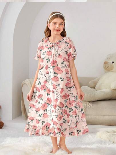 Girl Pajamas: Floral Printed Bubble Fabric Ruffle Hem Short Sleeve Pants Nightdress Loungewear Set For Tween Girls