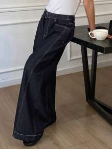 DAZY Quần Jeans Ống Rộng Rộng Có Thắt Lưng Họa Tiết Khâu Màu Tương Phản Dành Cho Nữ - Màu xanh lam - Xem 1