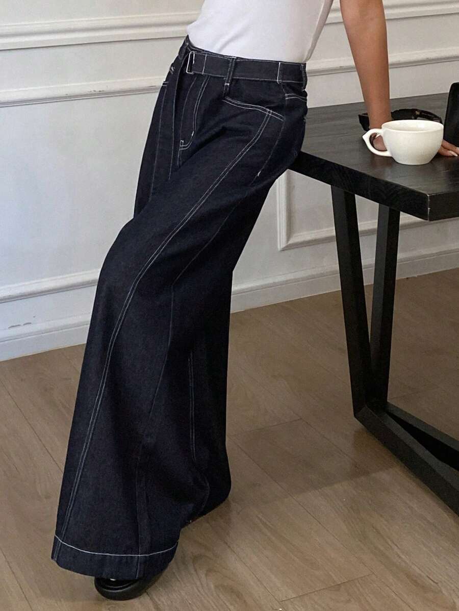 DAZY Quần Jeans Ống Rộng Rộng Có Thắt Lưng Họa Tiết Khâu Màu Tương Phản Dành Cho Nữ - Màu xanh lam - Xem 1