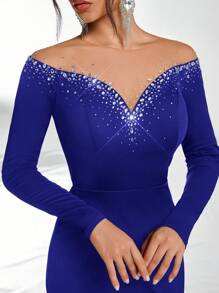 Glamrae 优雅撞色网眼领口奢华水钻装饰鱼尾下摆网眼拼布哥特式婚纱、正式晚礼服、婚礼宾客礼服、派对礼服 - 寶藍色 - 查看 2