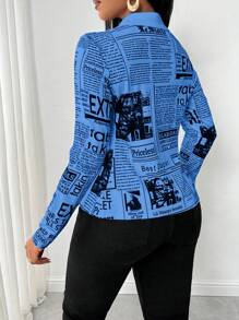 Zolique 女士前扣长袖字母印花休闲衬衫，日常穿着 - 藍色 - 查看 3