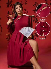 SHEIN Unity Plus Size Retro Chinese Style Red Qipao Dress For Chinese New Year Fall Cloth For Women - Red - View 1