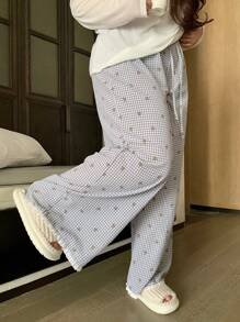 Dazy Plus Plus Size Women Plaid Pattern Elastic Waist Loungewear Pants, Suitable For All Seasons Pajama, Fall, Winter - Grey - View 8