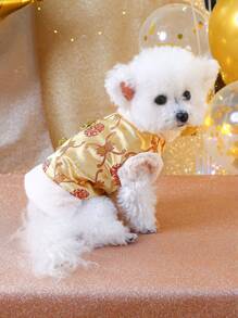 PETSIN 1 件毛绒衬里旗袍式宠物狗服装，保暖，适合秋冬季和农历新年 - 金色 - 查看 3