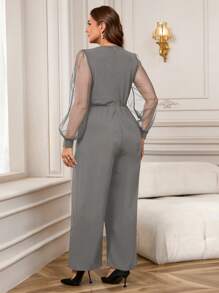 EMERY ROSE Ropa de invierno talla grande para mujer - Ropa de mujer de Navidad, mono elegante de unicolor con parches de malla y mangas farol