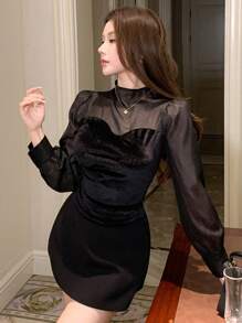 DAZY Blusa de mujer con cuello alto, manga abullonada y parches, ropa de mujer de otoño con manga larga