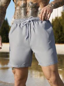 Manfinity Swimmode Men's Drawstring Waist Pocketed Loose Beach Shorts,Hawaiian - Grey - View 8