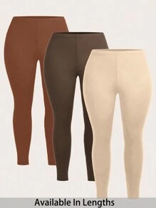 SHEIN PETITE CURVE 3 件套女士加大码纯色休闲紧身裤，适合春夏季、女士夏季、图案女装、音乐会女装、狂欢节