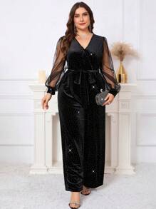 Ellevyn Tuta elegante da donna taglie forti con maniche a lanterna, gamba ampia, in rete e inserti in strass - nero - Visualizzare 5