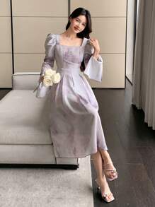 DAZY Watercolor Tie-Dye Waist Puff Sleeve Mid-Length Dress For Women, Ruffle, Fall Dress Long Sleeve Dress Floral Dresses For Women - Dusty Purple - View 4
