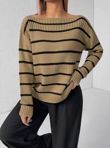SHEIN PETITE 女士不对称领口长袖条纹毛衣