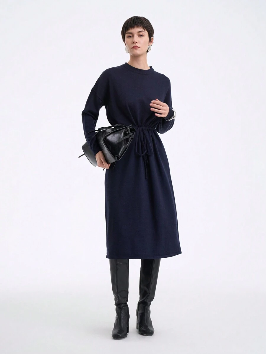 SHEIN Clasi Váy dài len xanh navy, thời trang tối giản, mặc thường ngày - Màu xanh hải quân - Xem 1