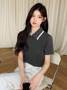 DAZY Contrast Ruffle Collar Women's Short Sleeve Casual T-Shirt - Dark Grey - View 9