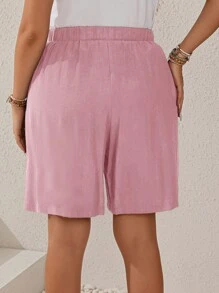 EMERY ROSE Plus Size Women's Texture Striped Elastic Waist Drawstring Pocketed Straight Dark Blue Shorts For Summer