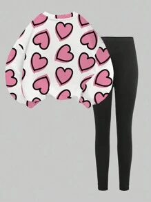 SHEIN Leap Crew 2件套可爱手绘爱心印花套装，粉色，情人节，少女休闲圆领舒适长袖卫衣和打底裤