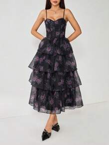SHEIN PETITE Vestido negro estampado retro con cuello de encaje y diseño multicapa tipo pastel - Negro - Ver 7