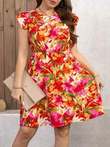 Breezaya 大码女式波西米亚风荷叶边印花短袖及膝简约休闲连衣裙，夏季款 - 彩色 - 查看 6