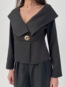Aloruh 女士纯色金属装饰长袖简约休闲衬衫，日常穿着 - 黑色 - 查看 2