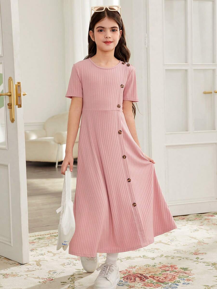 SHEIN Leap Crew Tween Girls' Casual Simple Button Decor Ribbed Knit Ruffle Hem Short Sleeve Mid-Calf Dress, Light Pink - Dusty Pink - View 1