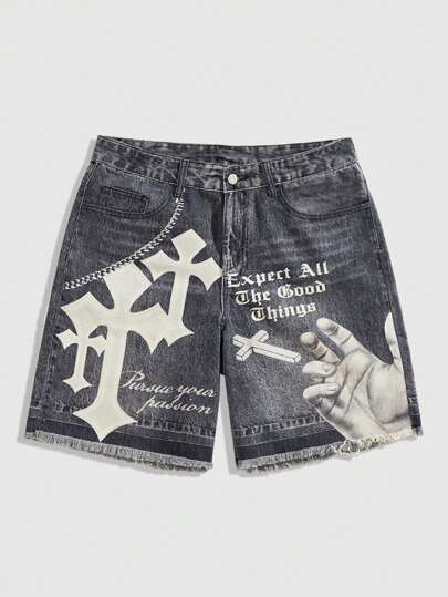 Goth Men's Grunge Punk Chain Pattern Casual Denim Shorts Jorts, Daily Wear