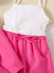 SHEIN 年轻女孩休闲时尚条纹长袖衬衫+背心+直筒裤3件套 - 玫紅色 - 查看 7