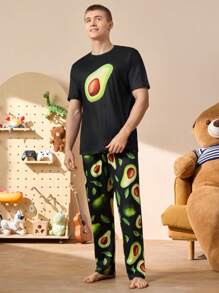 Happy Jammies Men Avocado Print Short Sleeve Round Neck Top And Pants Loose Home Service 2pcs Set